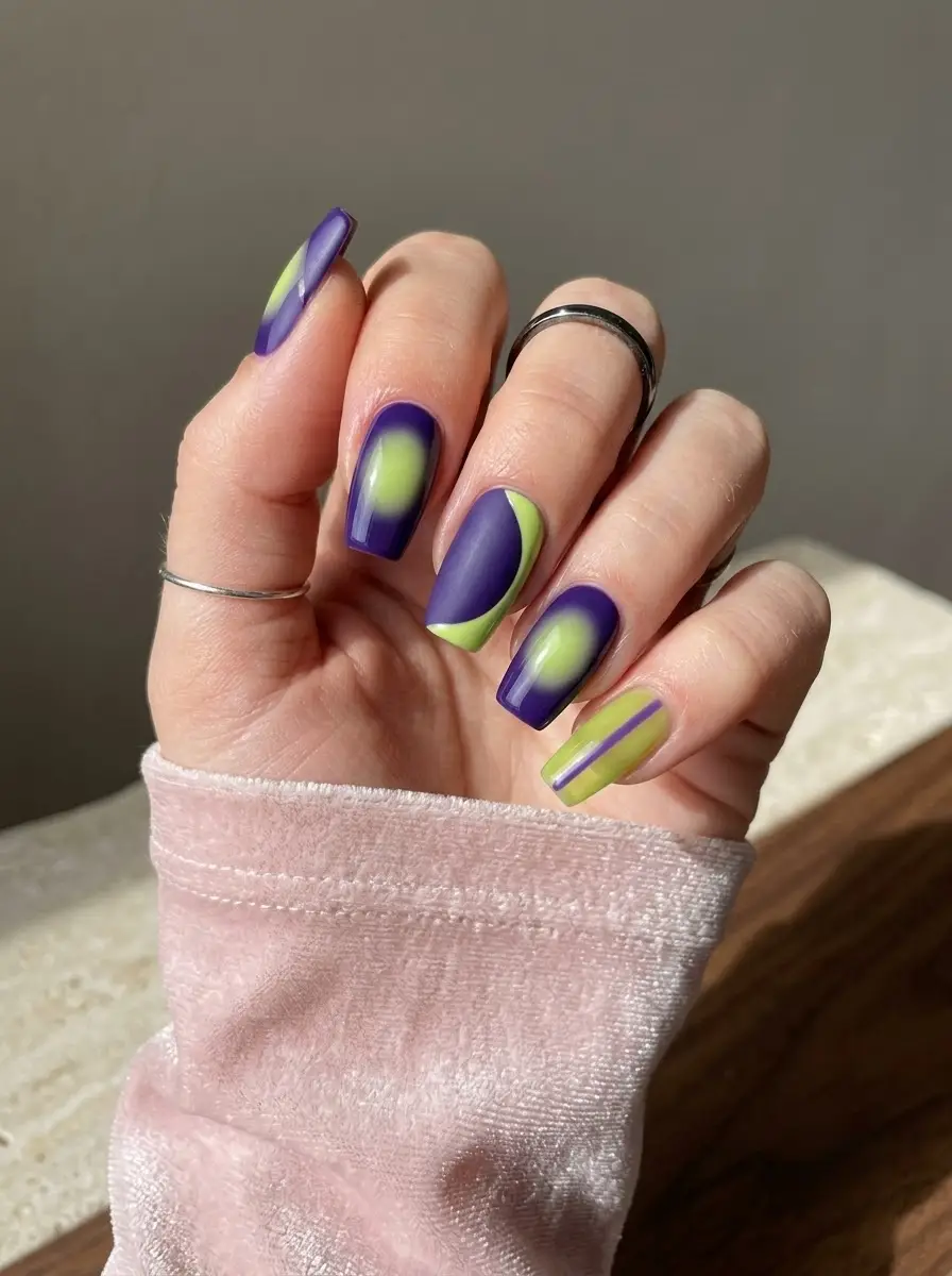 Purple & Lime Graphic Aura Nails - Vivid violet square nails featuring glowing lime aura centers and graphic line accents