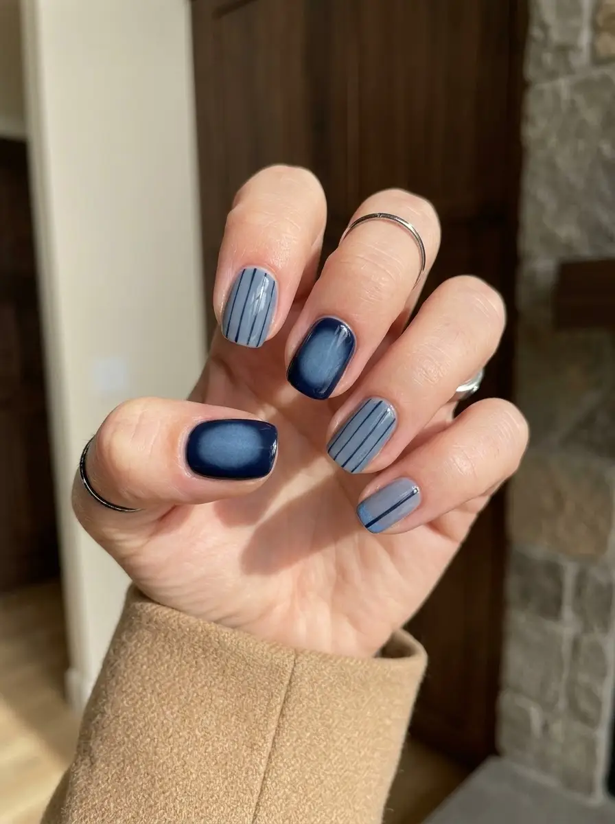 Slate Blue & Navy Aura Mix Nails - Two-tone slate blue and deep navy nails combining soft aura gradients with fine vertical pinstripes