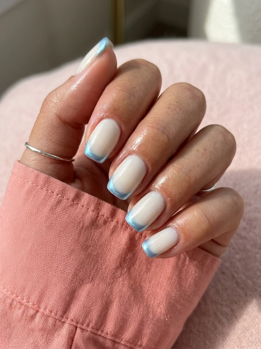 Short squoval nails with a milky white base and thin light blue French tips.