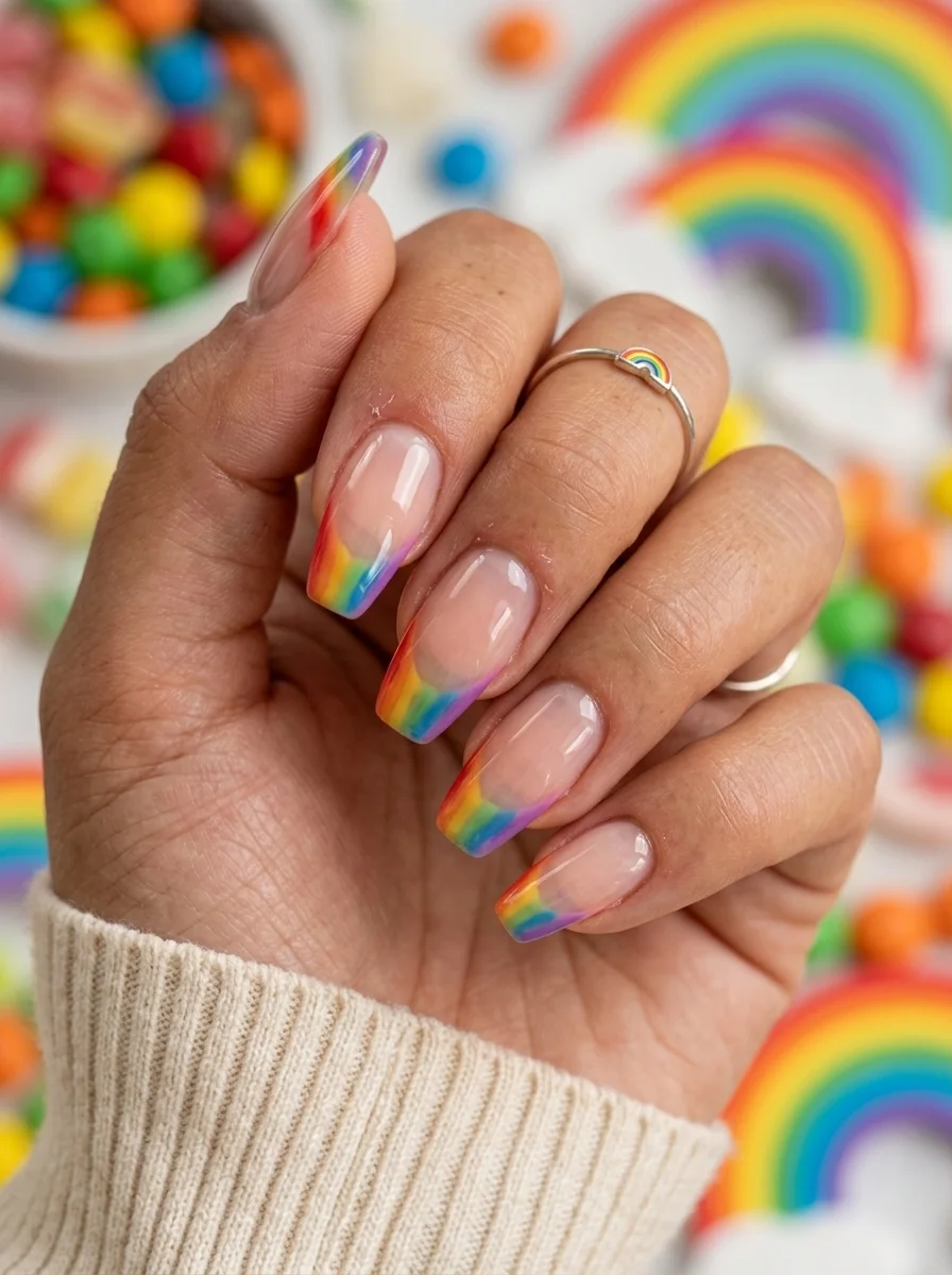 Almond nails with a sheer nude base and each nail featuring a different colored French tip forming a rainbow gradient.