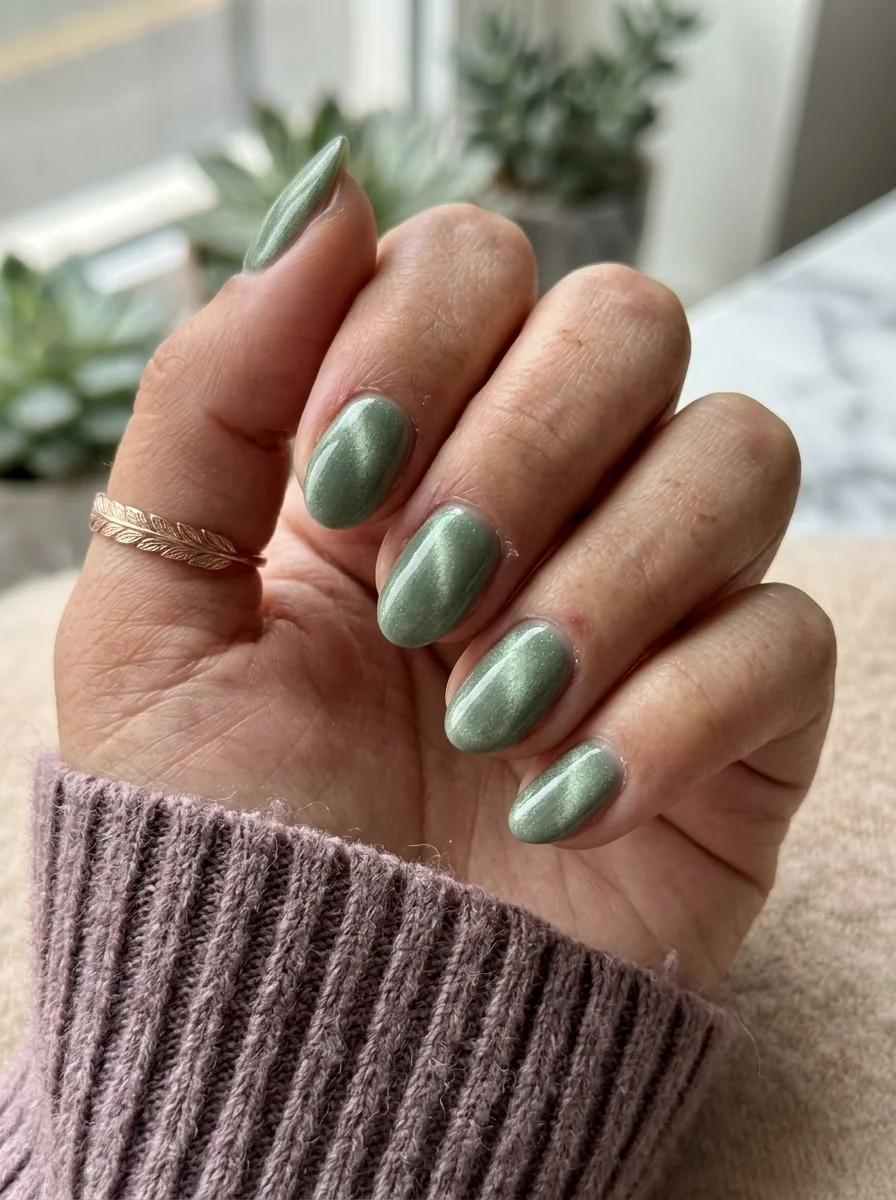 Medium almond nails with a sage green cat-eye magnetic polish creating a shimmering velvet effect.
