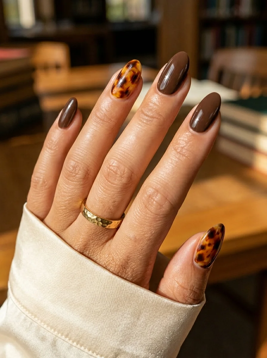 Almond nails with solid chocolate brown polish on most nails and tortoiseshell pattern accent nails featuring amber and black swirls.