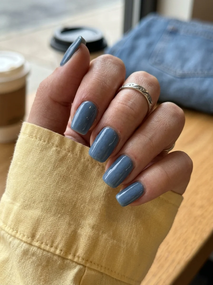 Short squoval nails with a dusty blue or periwinkle solid color across all nails.