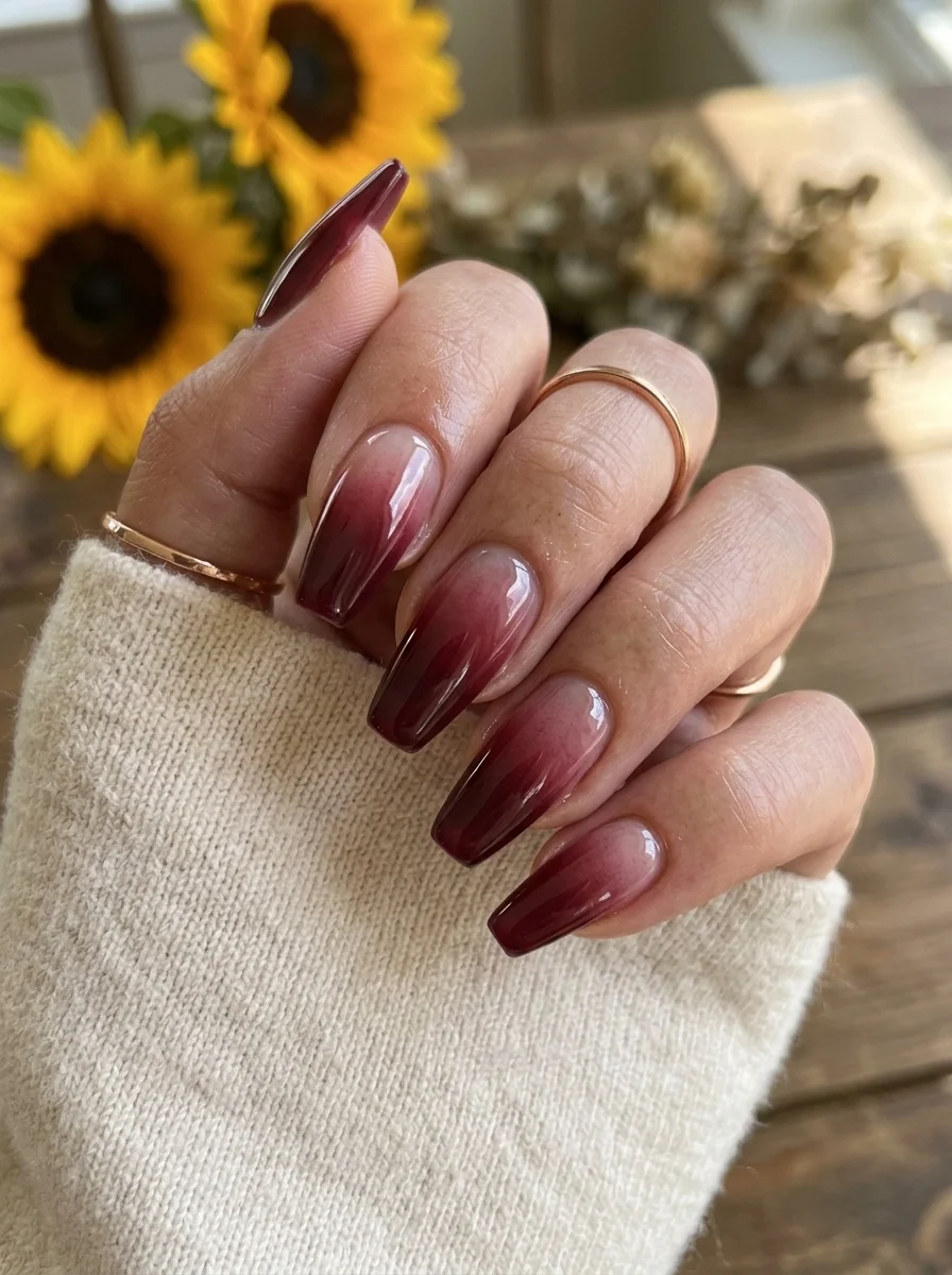 Long coffin nails with a burgundy to nude ombre gradient, darkest at the tips and fading toward the cuticle.