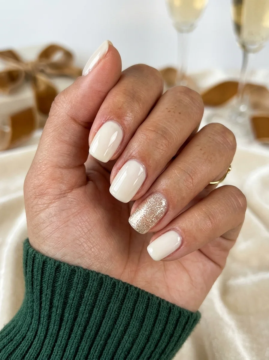 Short squoval nails with a creamy off-white base and one gold glitter accent nail on the ring finger.
