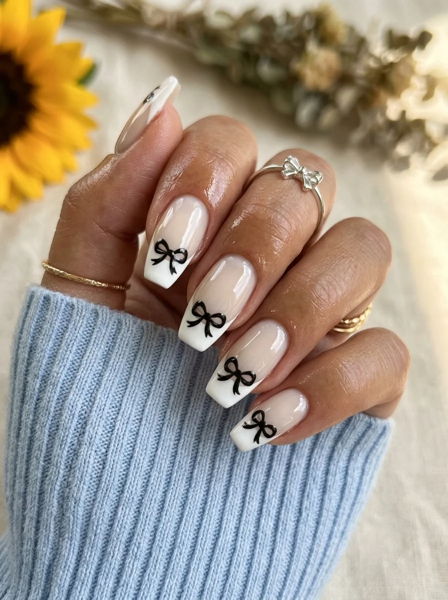 Long coffin nails with white French tips and small hand-painted black bows at the smile line on each nail.