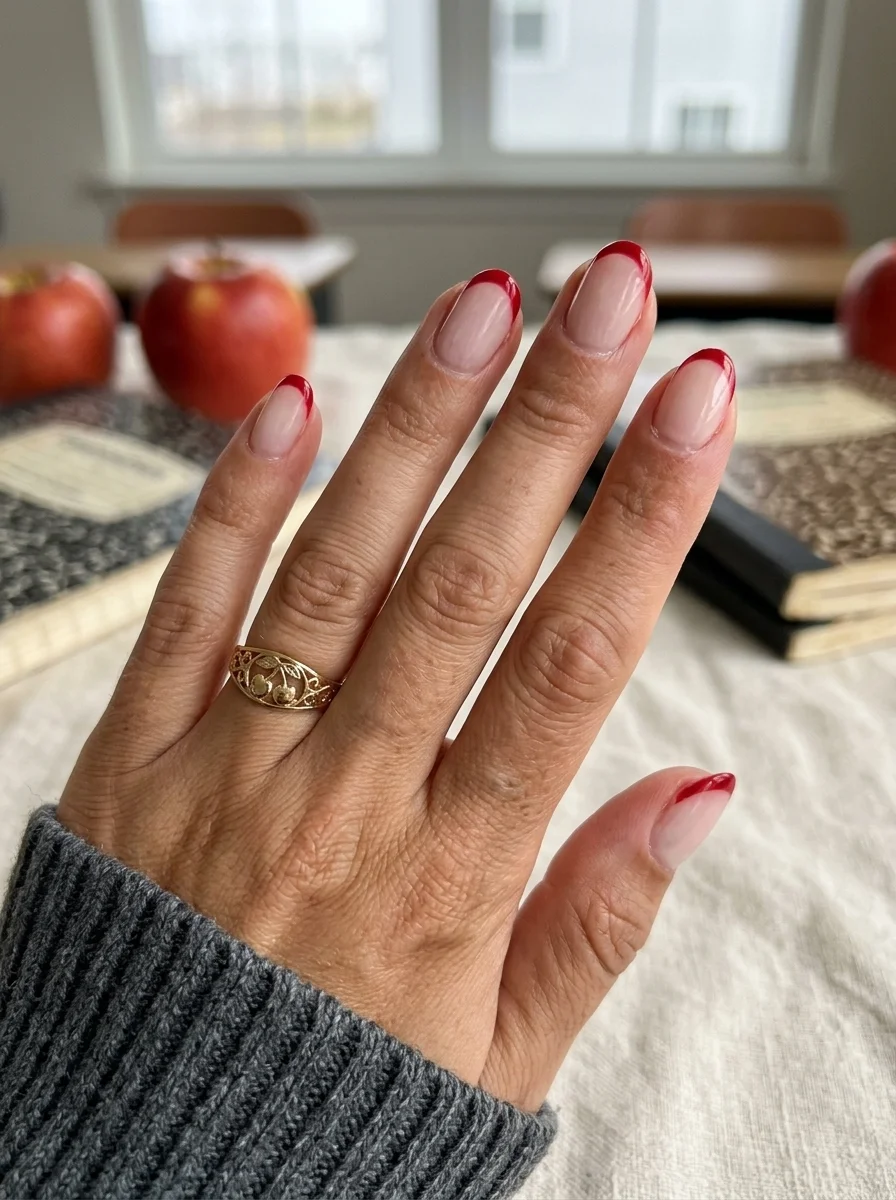 Short squoval nails with a sheer pink base and deep red or burgundy French tips.
