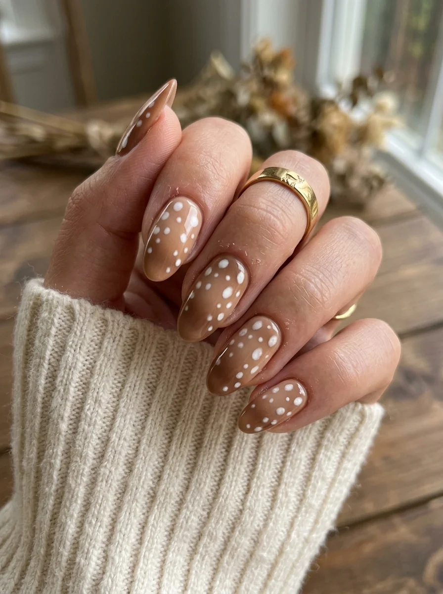 Almond nails with a warm tan-brown base and scattered white polka dots of varying sizes.