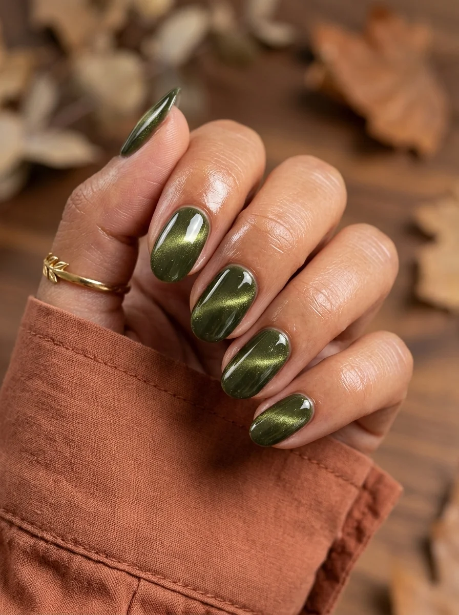 Short squoval nails with a deep olive green cat-eye magnetic polish creating a rich, earthy shimmer.