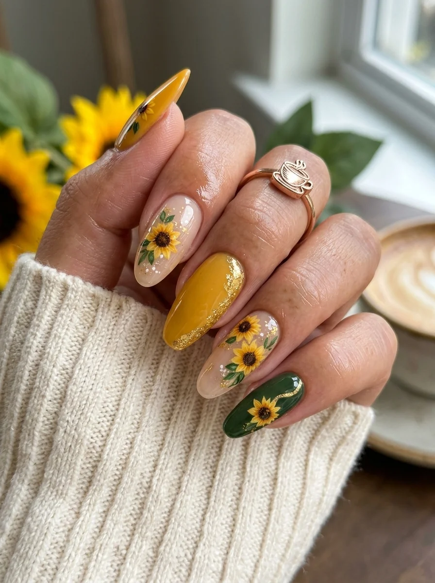 Almond nails with a mix of nude bases featuring hand-painted sunflowers, solid mustard yellow, and deep green accent nails.