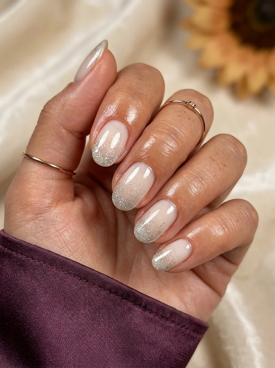 Almond nails with a sheer nude base and silver glitter fading from the tips toward the center.
