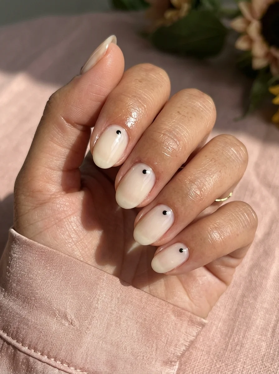 Short oval nails with a milky cream base and a single tiny black dot near the cuticle on each nail.