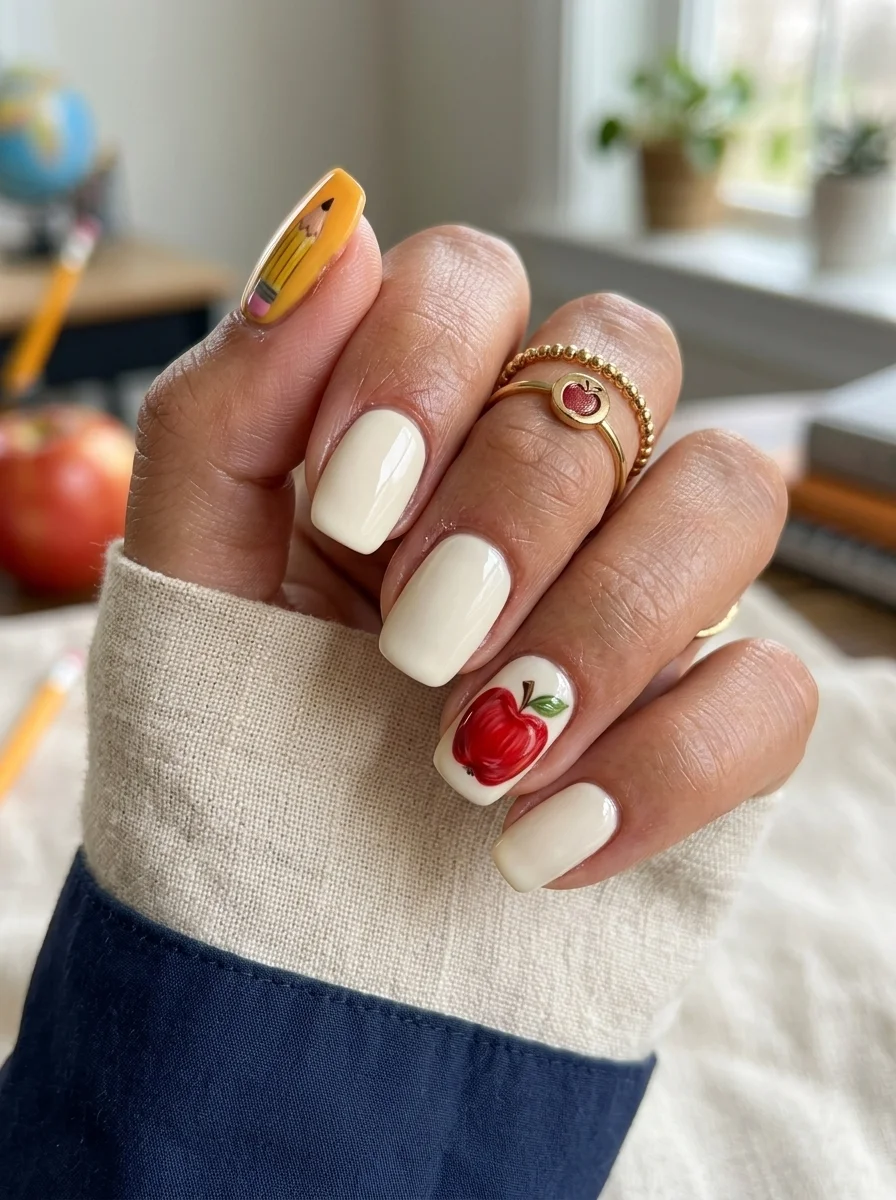 Short squoval nails with a cream base featuring a pencil illustration on the thumb and a red apple on the ring finger.