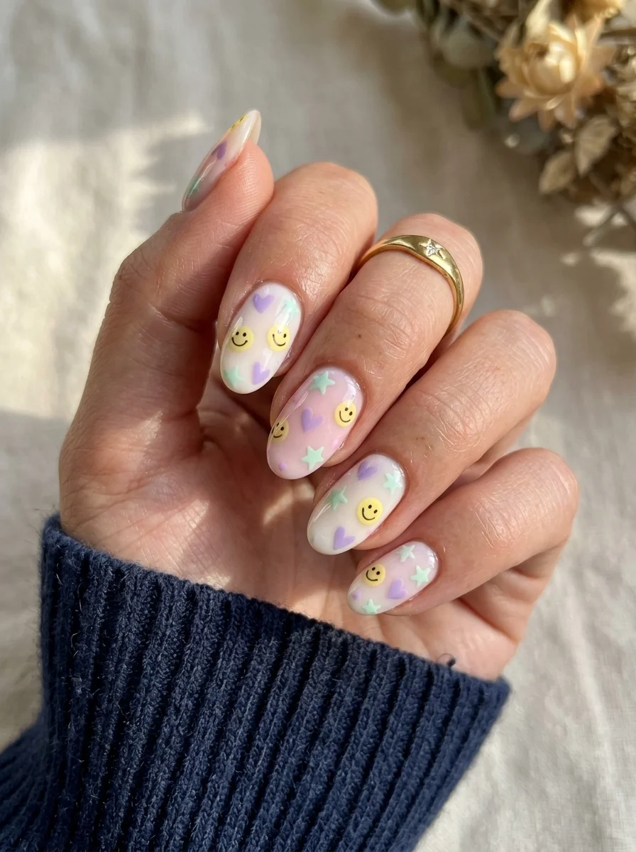 Almond nails with a sheer pink base and scattered pastel hearts, stars, and smiley faces in lavender, mint, and yellow.