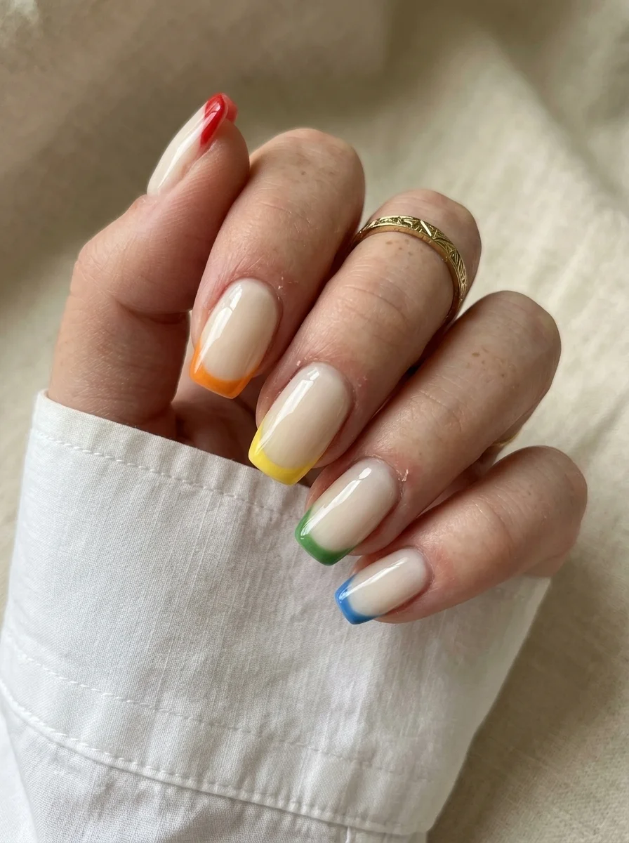 Short squoval nails with a nude base and each nail featuring a different colored French tip in red, orange, yellow, green, and blue.