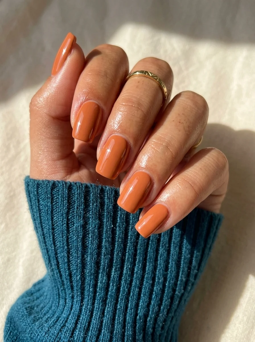 Short squoval nails with a solid terracotta or burnt orange color across all nails.