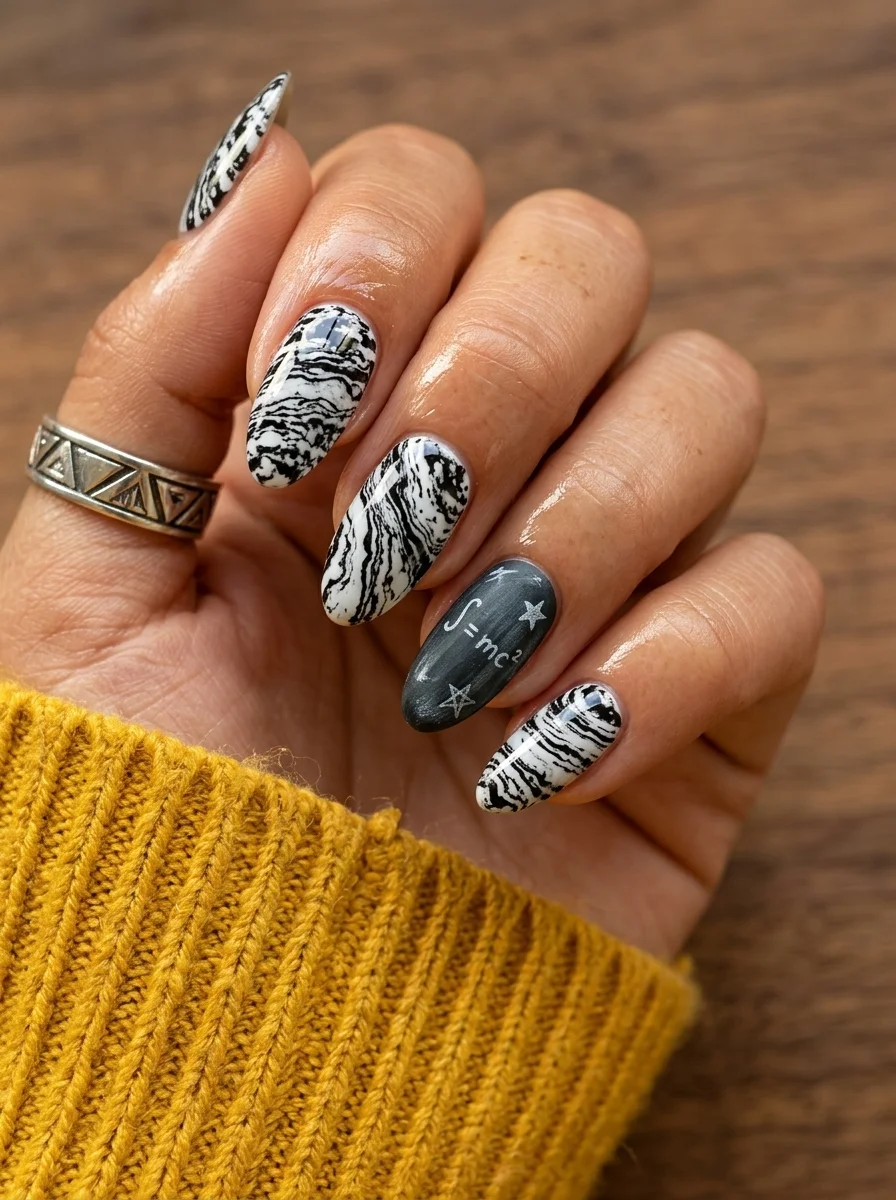 Almond nails with black and white marble art on most nails and a dark grey accent nail featuring the E=mc2 equation and white stars.