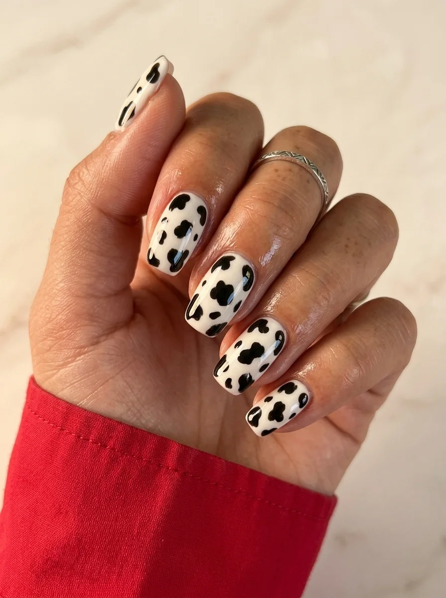Medium almond nails with a white base and irregular black cow print spots across all nails.