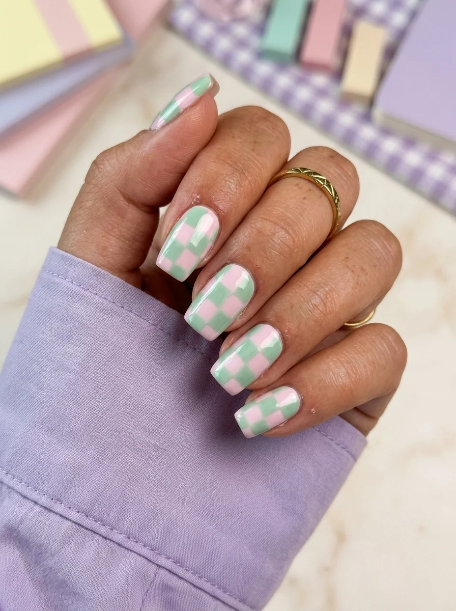 Short squoval nails with a mint green and pastel pink checkerboard pattern across all nails.