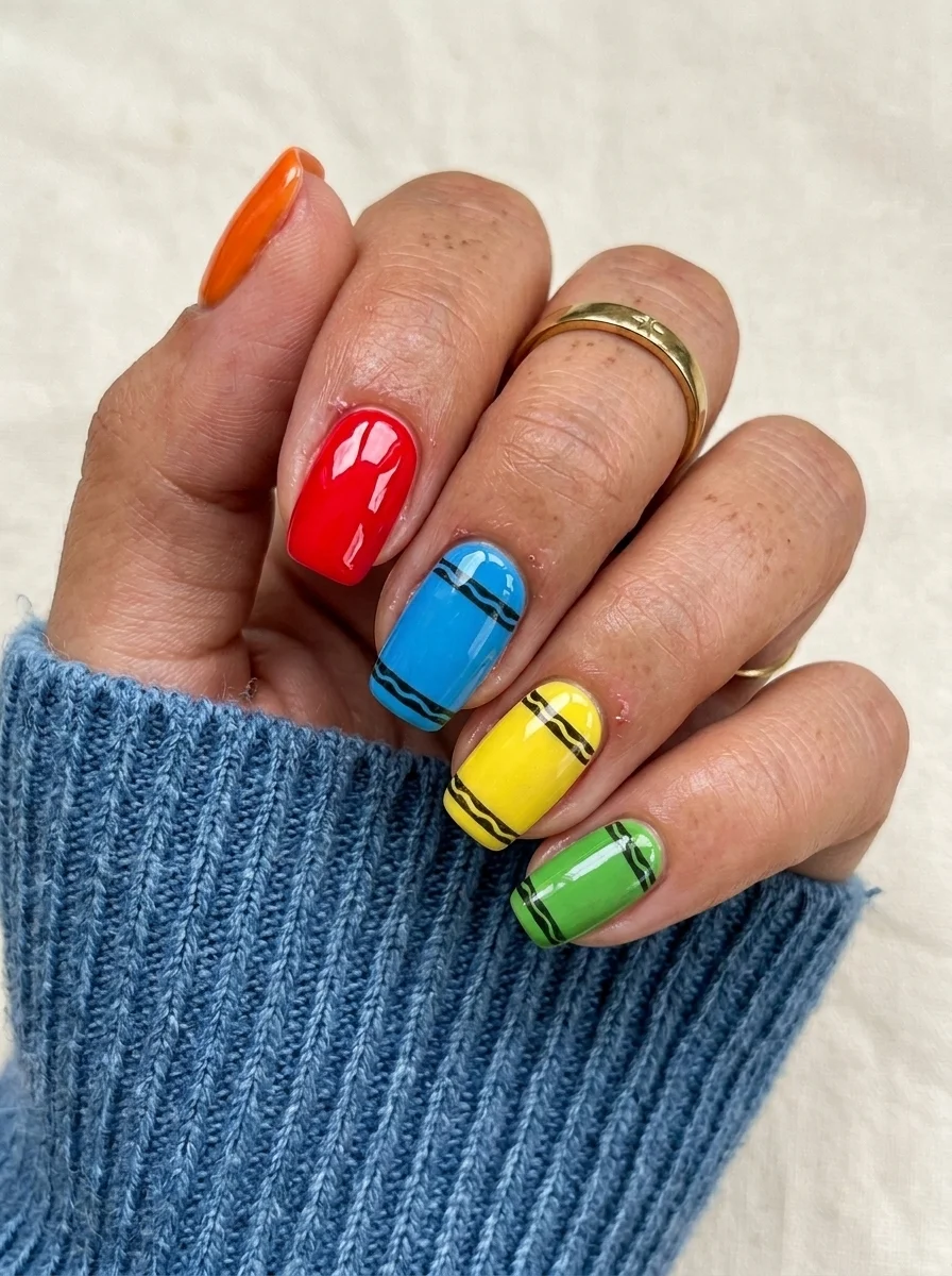 Short squoval nails with each nail painted a different bright color (orange, red, blue, yellow, green) with black wavy line details.