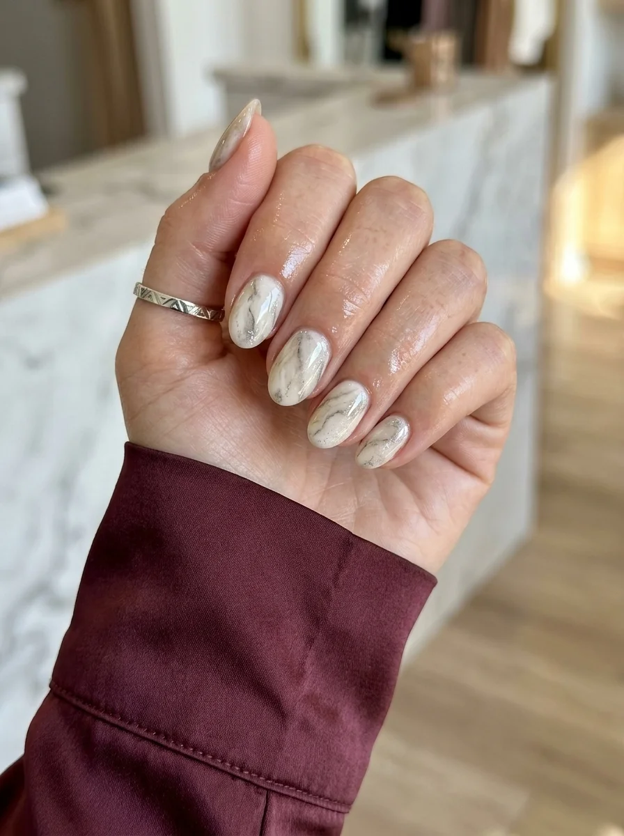 Medium almond nails with a white and grey marble pattern resembling polished stone.