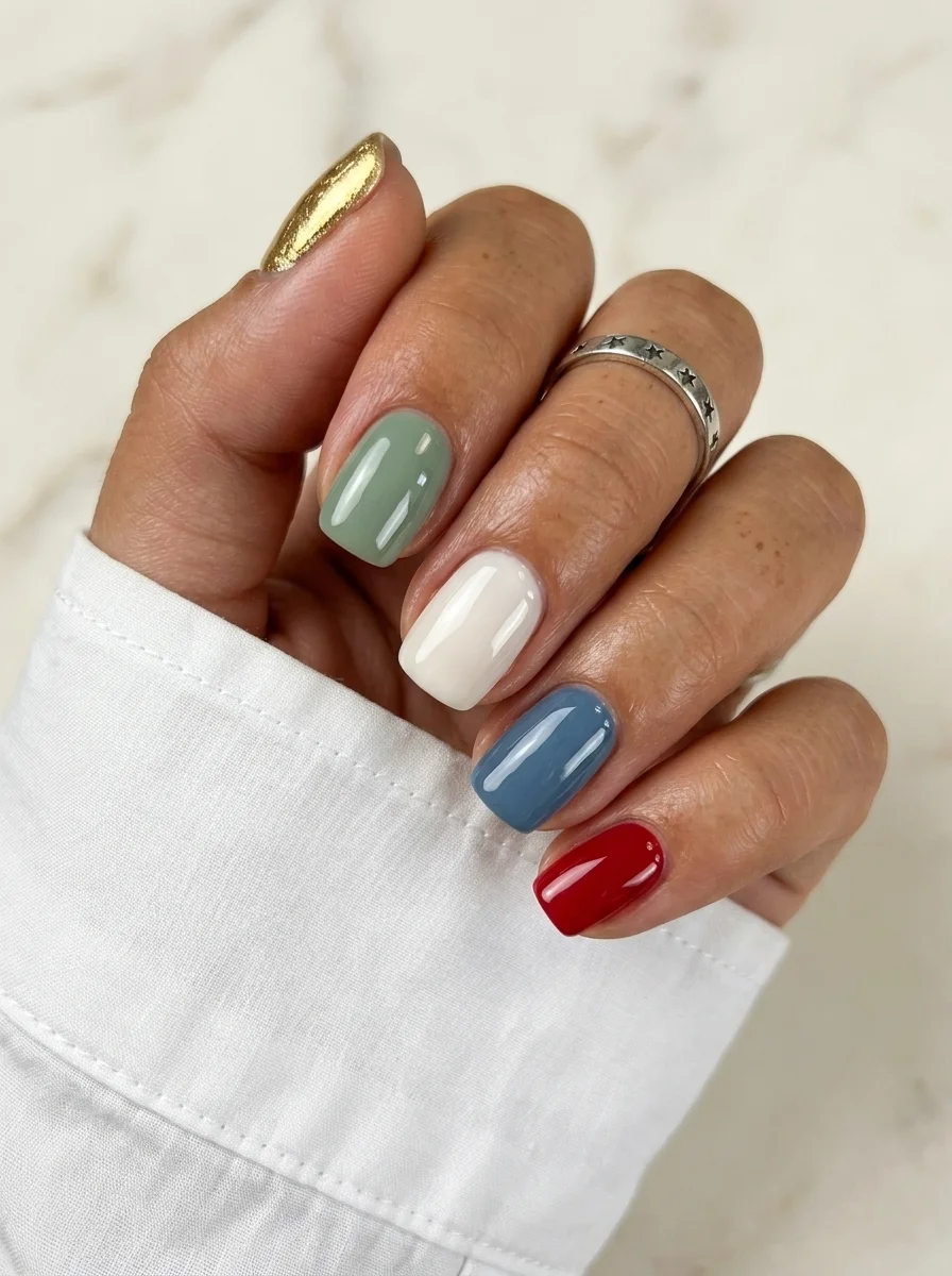 Short squoval nails with different colors on each nail including gold glitter, sage green, cream, dusty blue, and deep red.