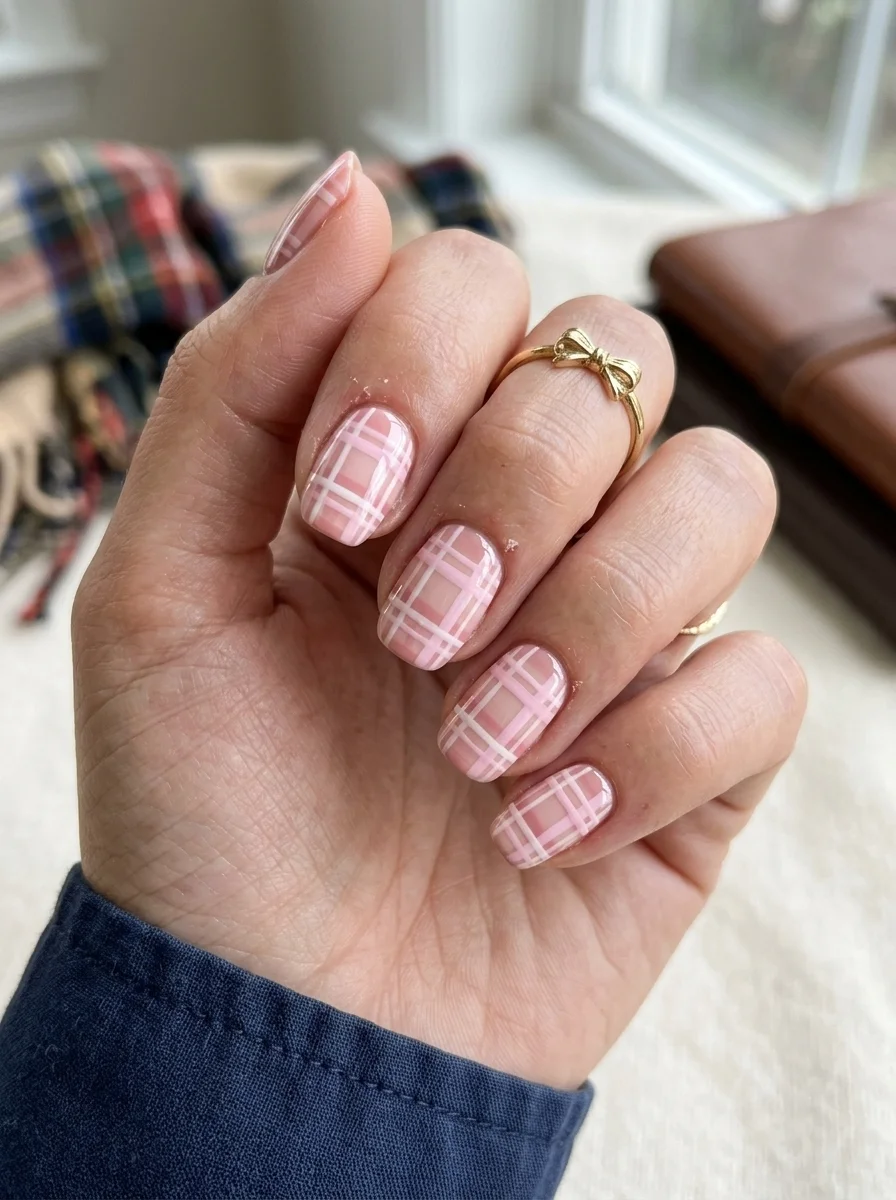 Short squoval nails with a pink and white plaid or tartan pattern across all nails.
