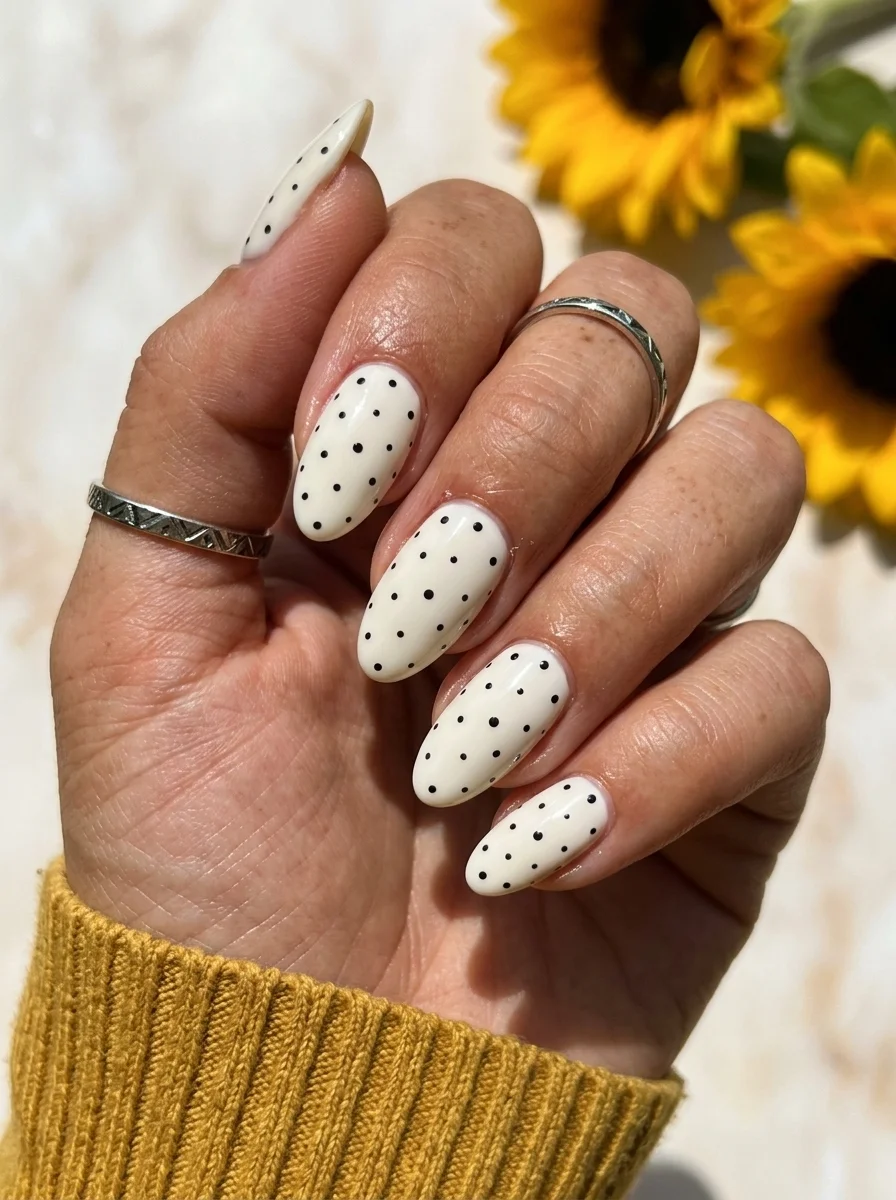Almond nails with a creamy off-white base and small black polka dots scattered across all nails.