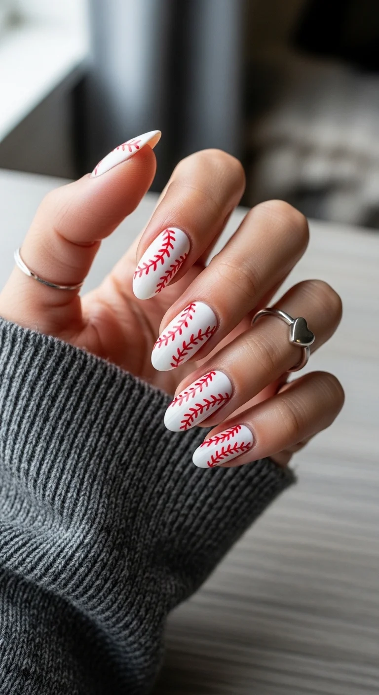 White almond nails with red baseball stitching on every nail