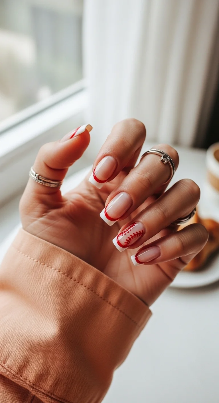 Classic French manicure with an extra red line and baseball stitching
