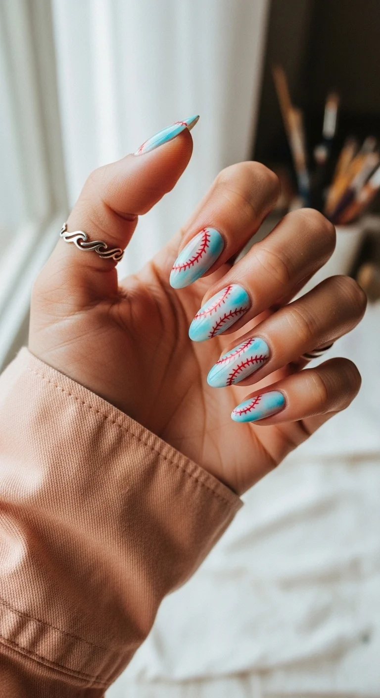 Sky blue marble/watercolor nails with red baseball stitching