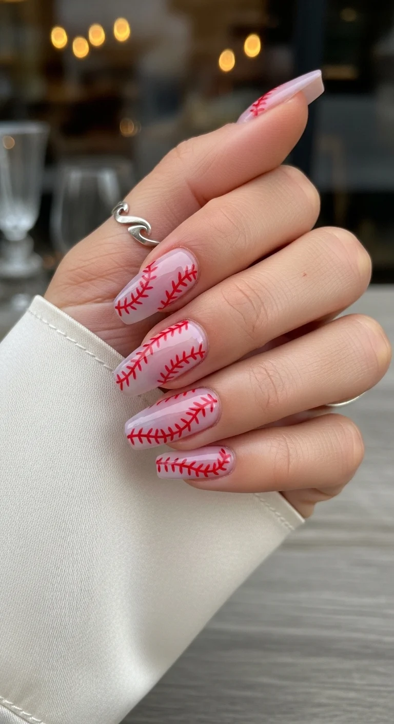 Sheer milky pink nails with red baseball stitching on all nails