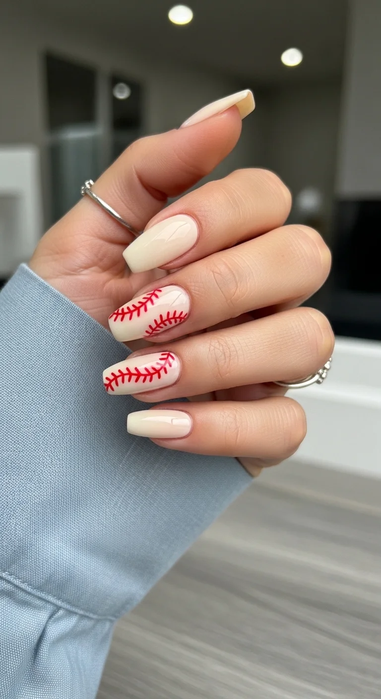 Cream/beige square nails with baseball stitching accents