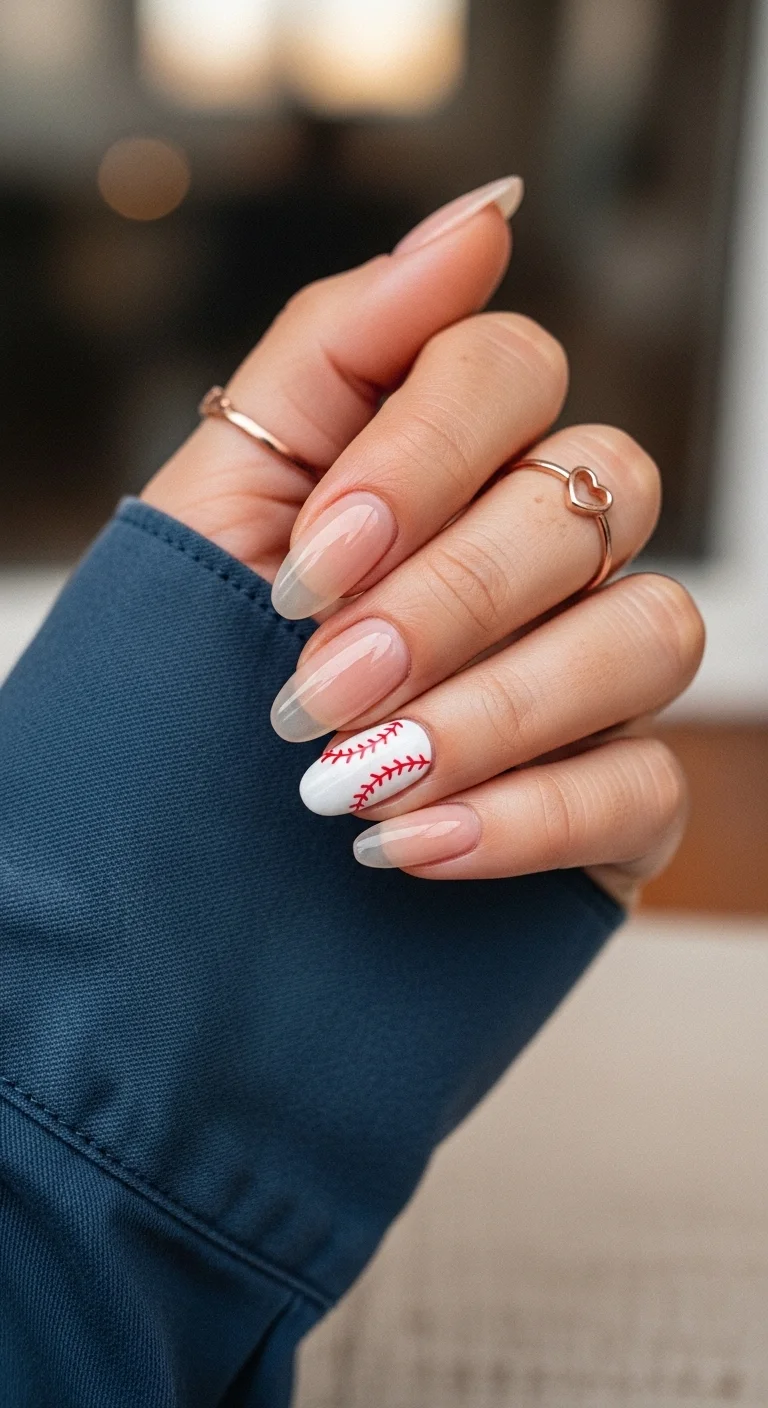 Natural clear nails with one white baseball accent nail