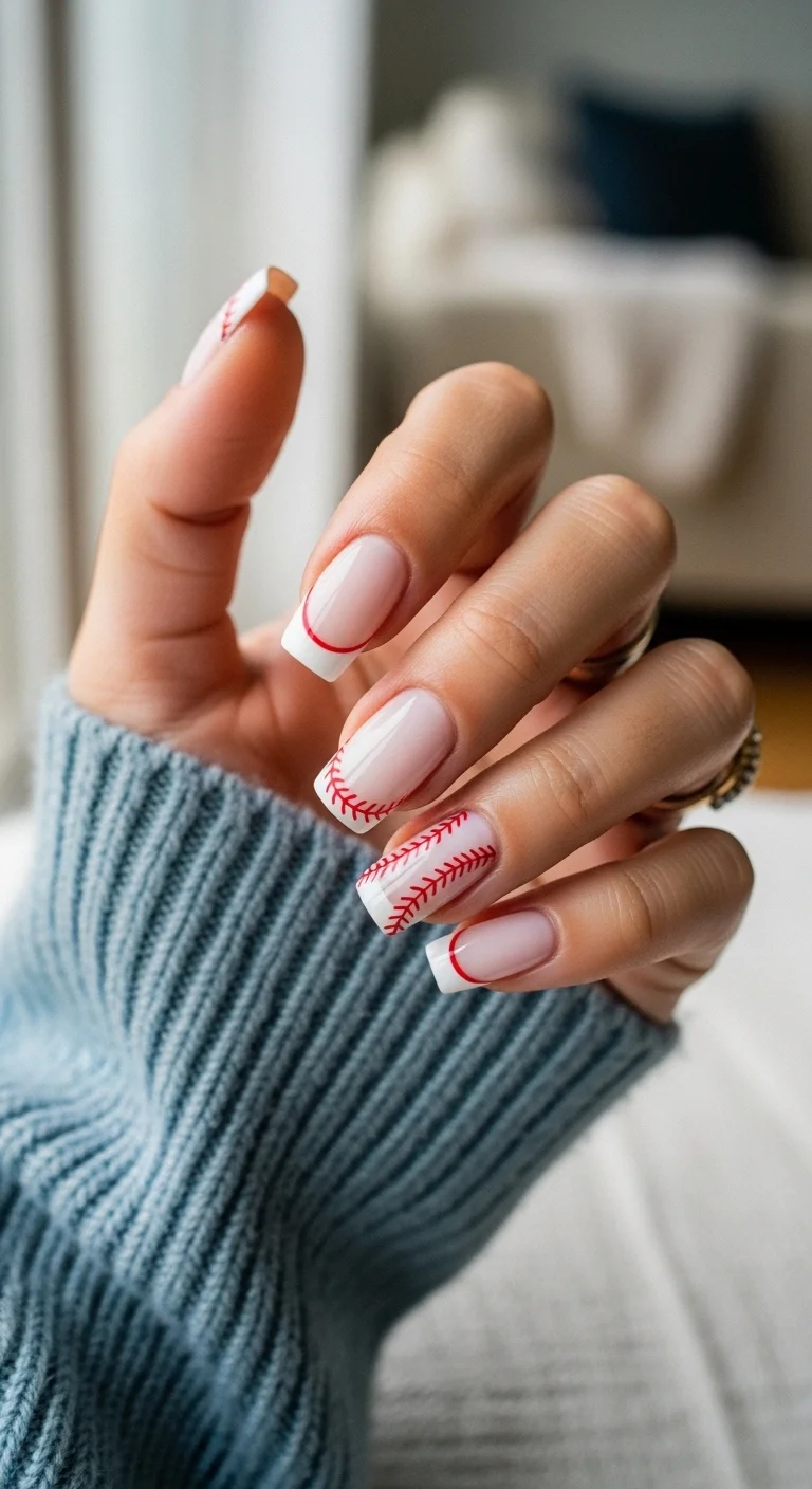 French manicure with a red border and baseball stitching on one nail