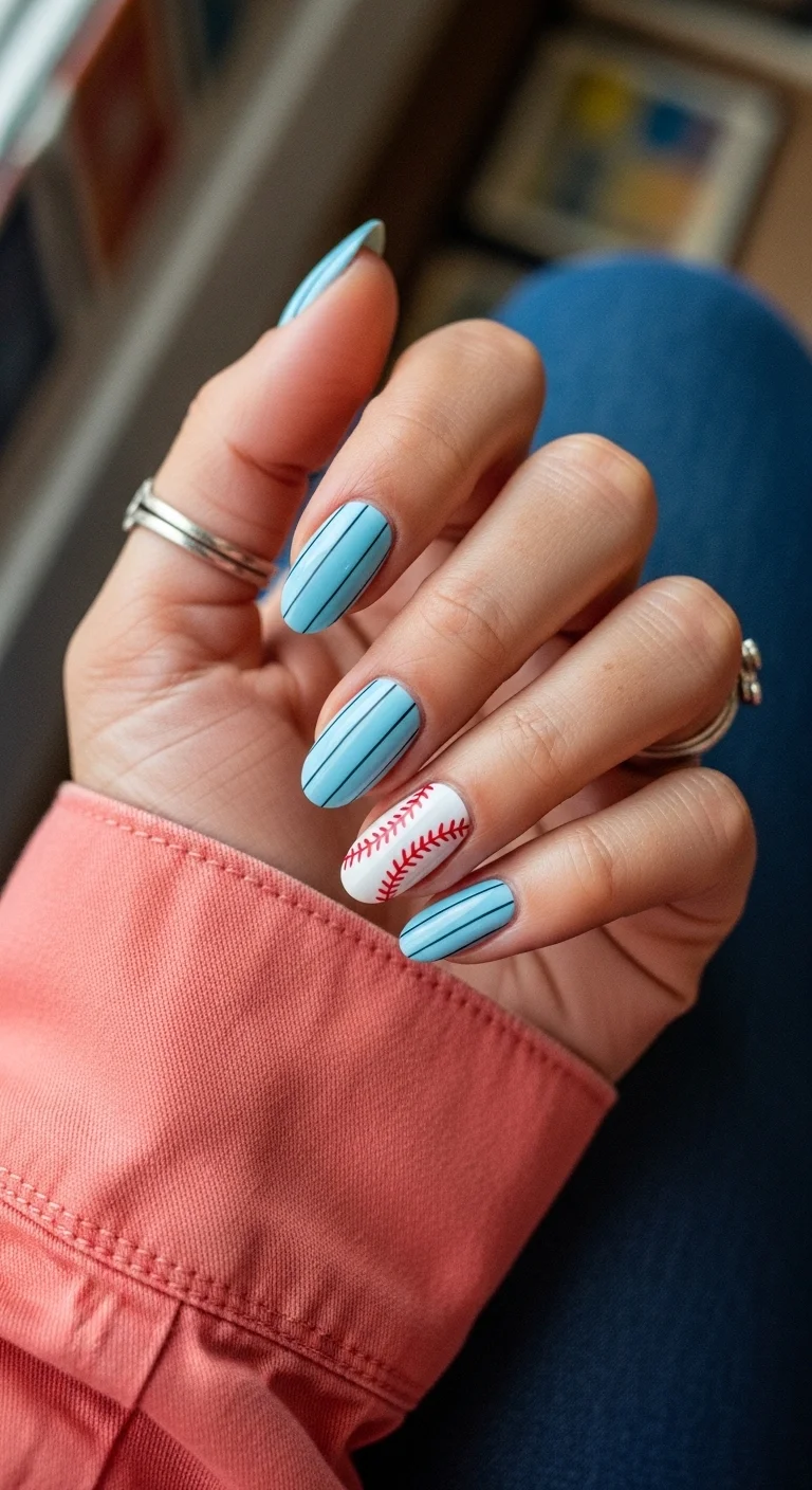Light blue nails with black pinstripes and one baseball accent