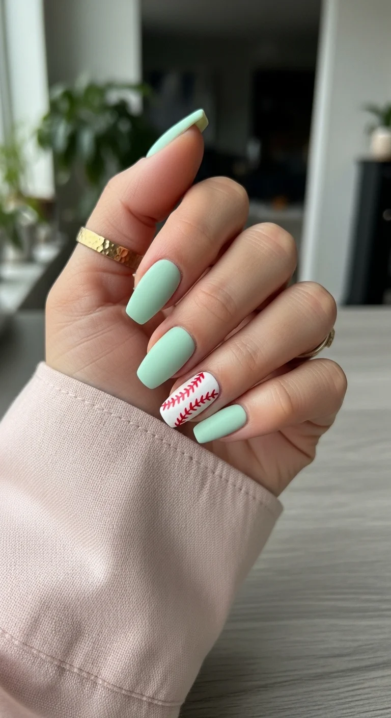 Matte mint green nails with one white baseball accent