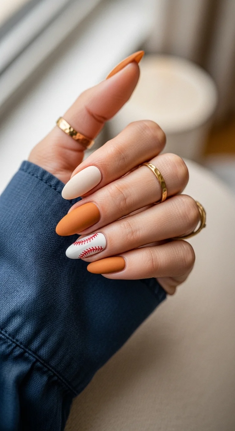 Matte mustard yellow and cream nails with baseball stitching