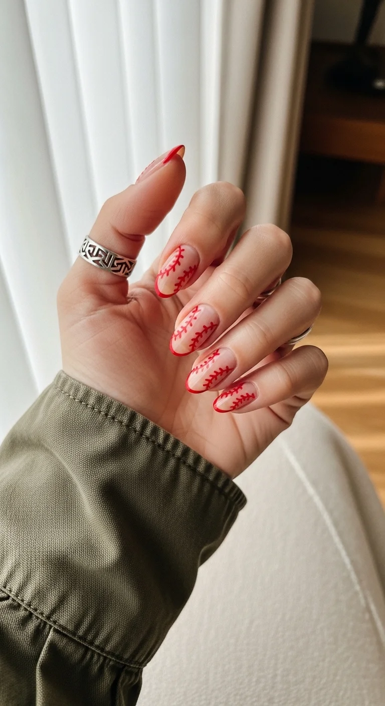 Clear nails with red French tips and red baseball stitching overlay