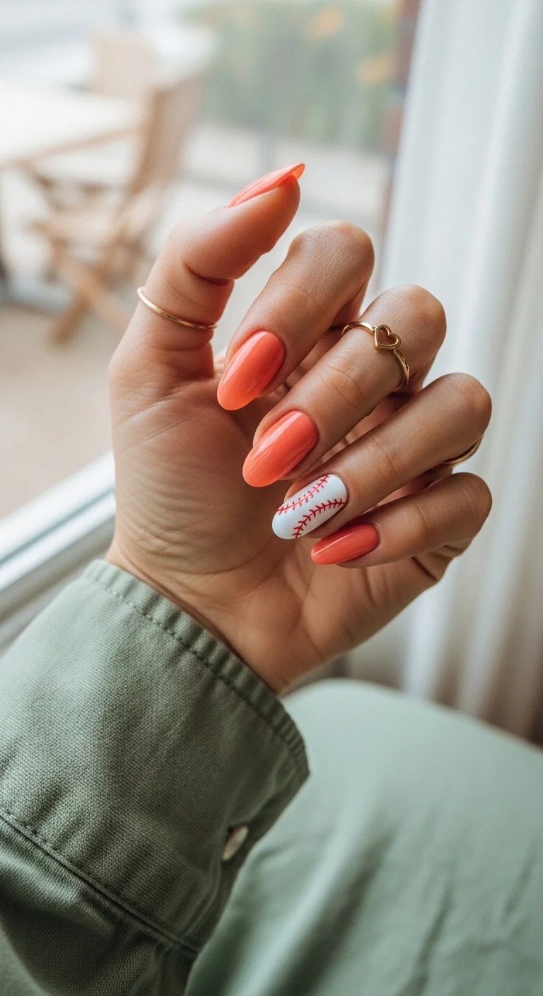 Coral pink nails with one white baseball accent nail