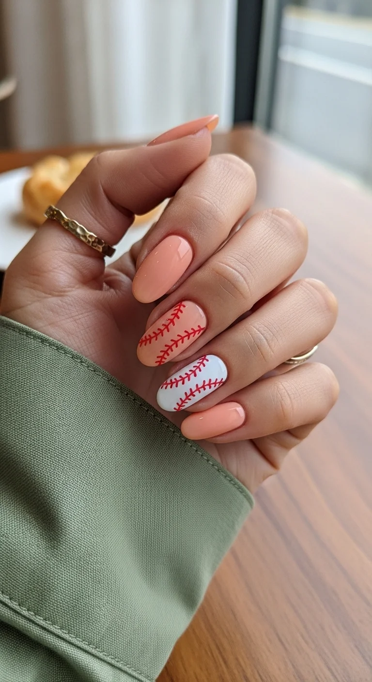 Creamy peach nails with one baseball accent nail