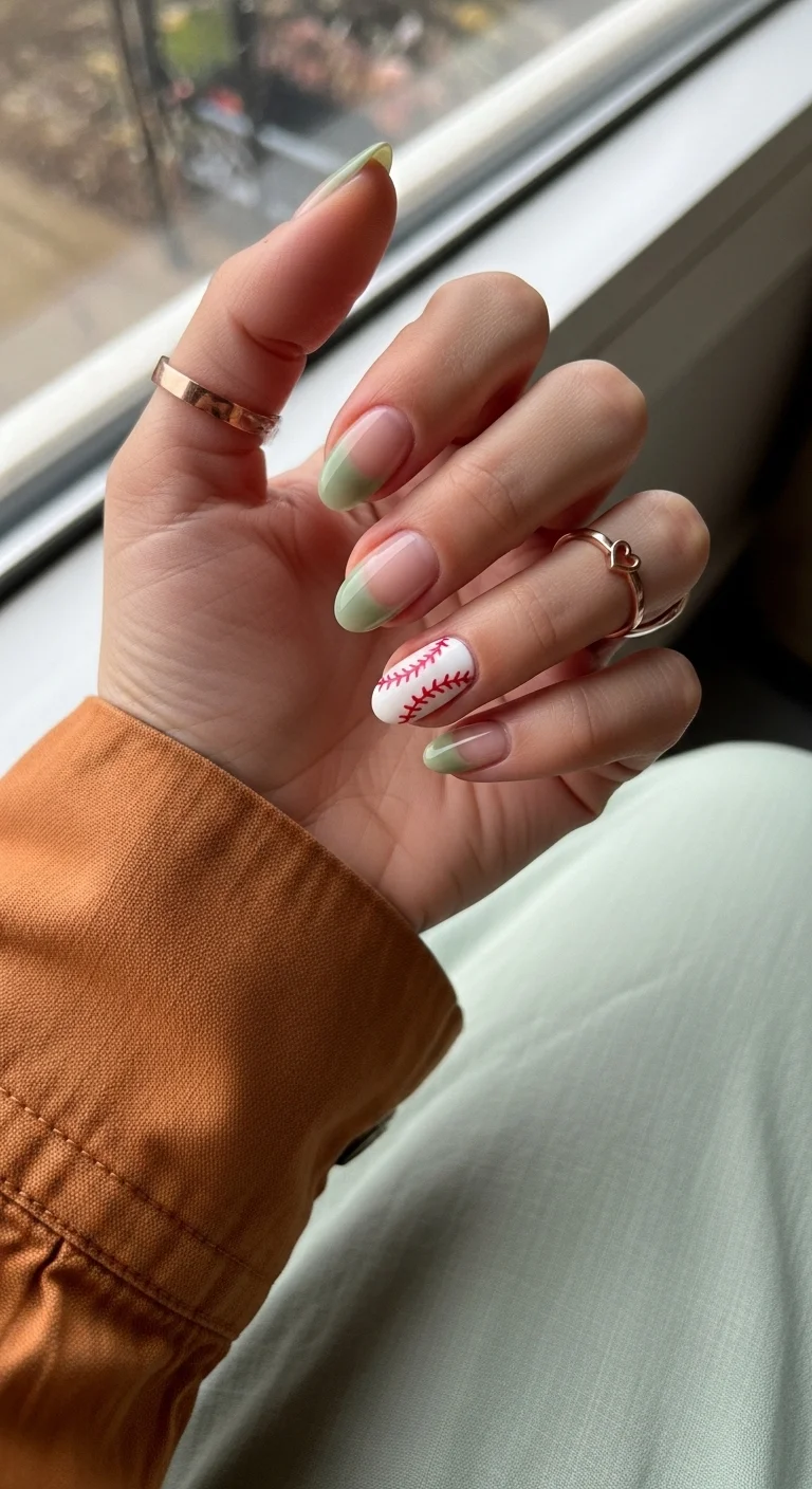 Clear nails with sage green French tips and one baseball accent