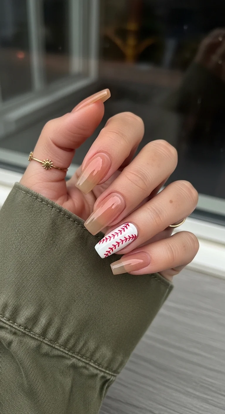 Long jelly-tan nails with a white baseball accent nail
