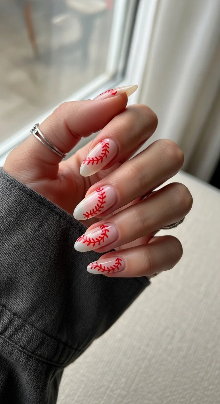 Long almond milky white nails with red baseball stitching everywhere