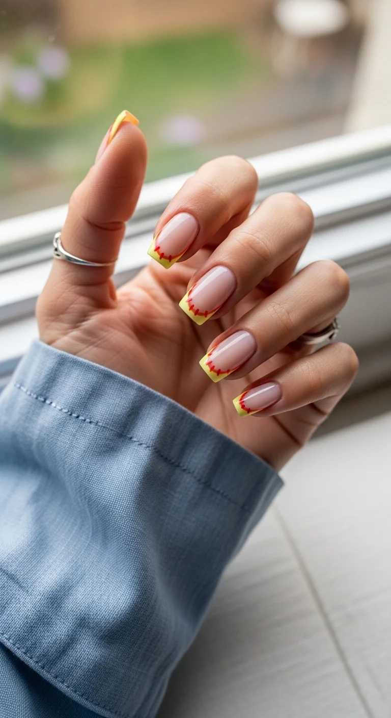Yellow French tips with red baseball/softball stitching