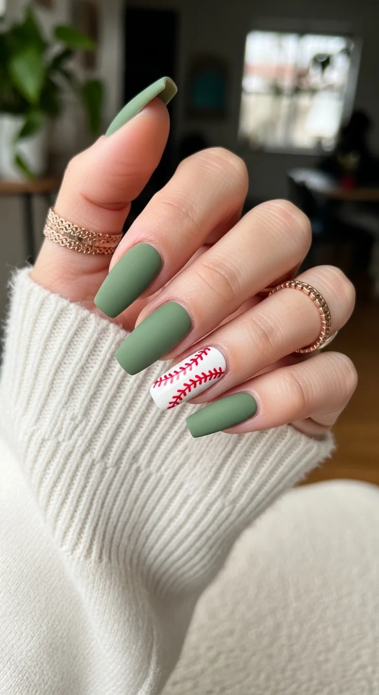 Matte sage green nails with one white baseball accent