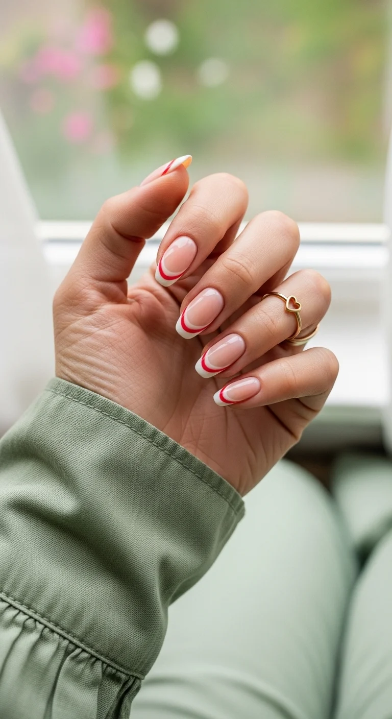 Classic almond French manicure with an additional red curve line