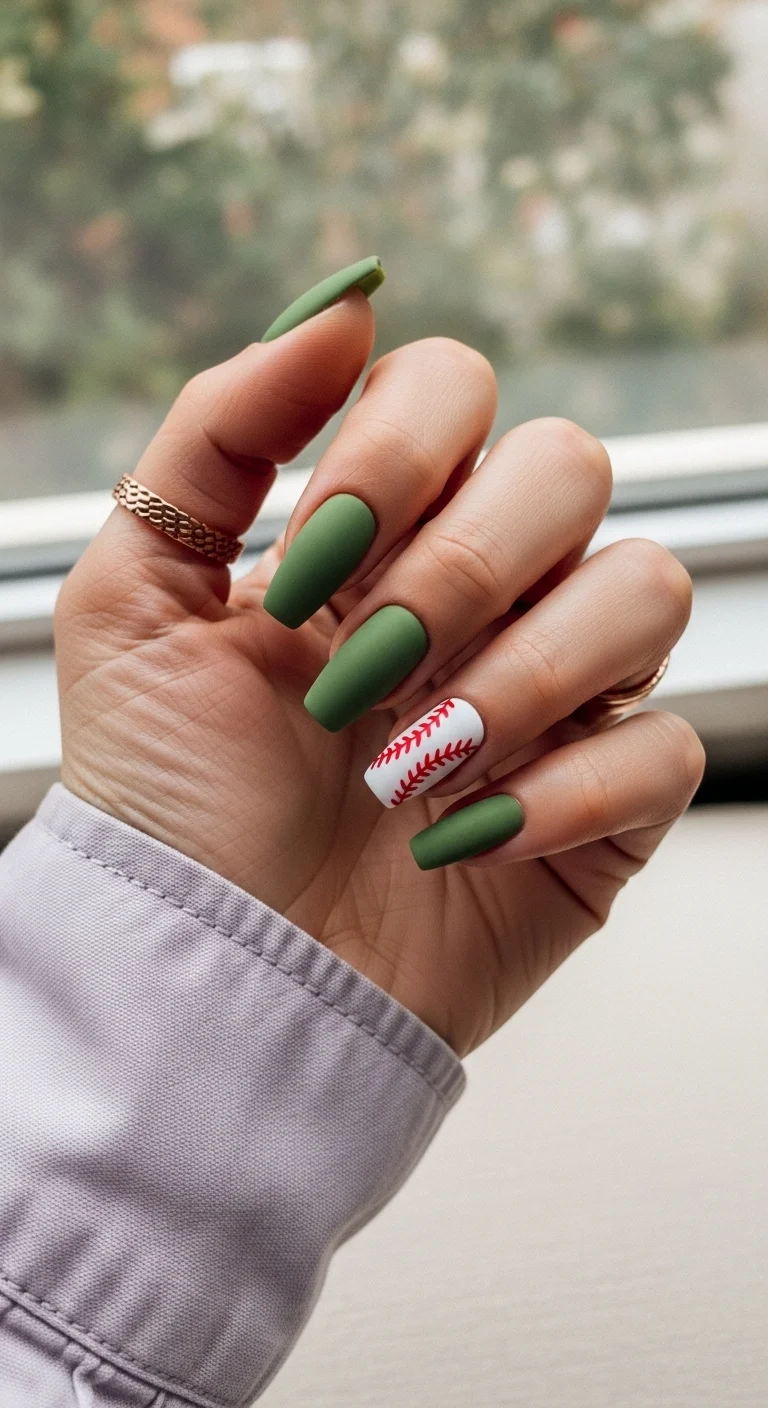 Matte dark olive/forest green nails with one baseball accent