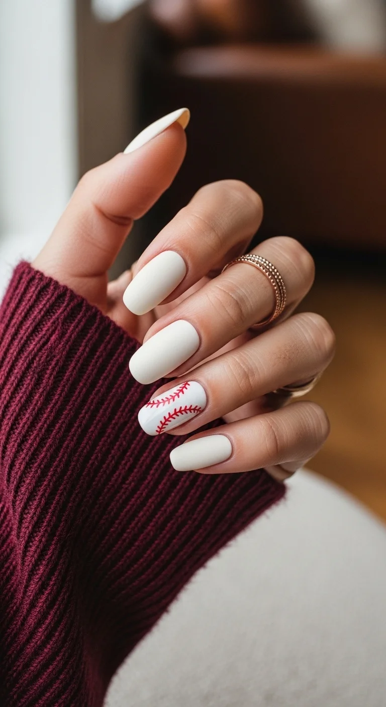 Matte off-white/cream nails with one baseball accent nail