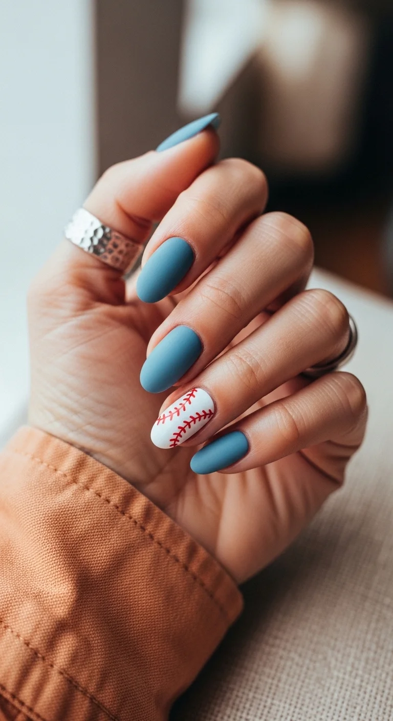 Matte slate blue nails with a white baseball accent nail